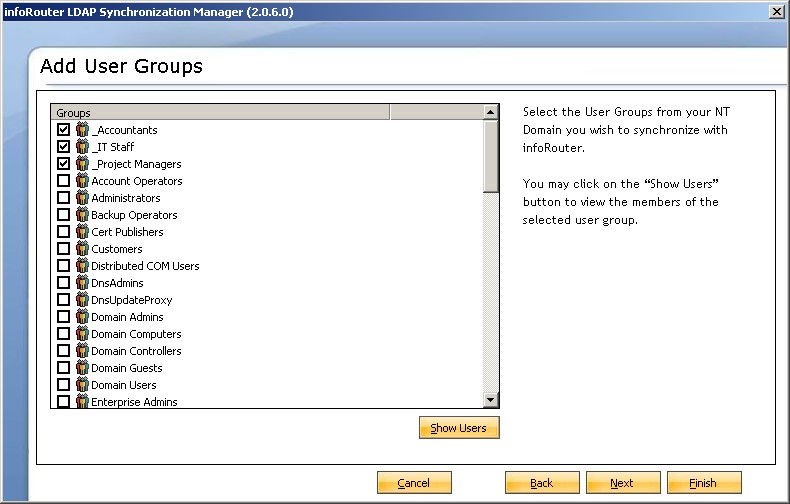 Select ldap user groups for synchronization to inforouter