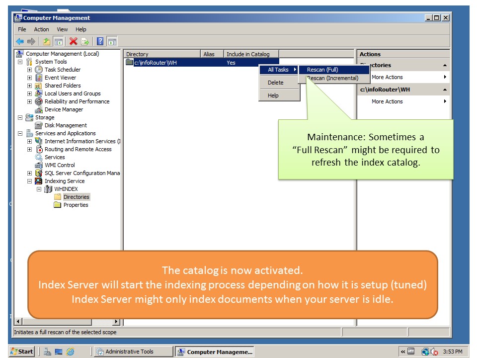 Creating index server catalog manually