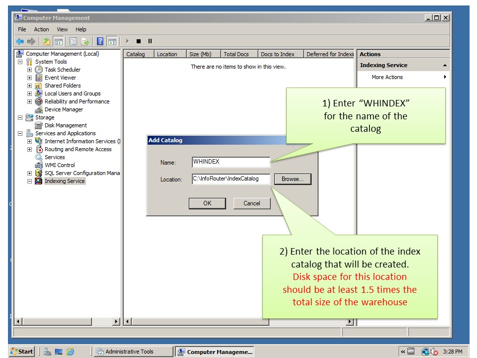 Creating index server catalog manually