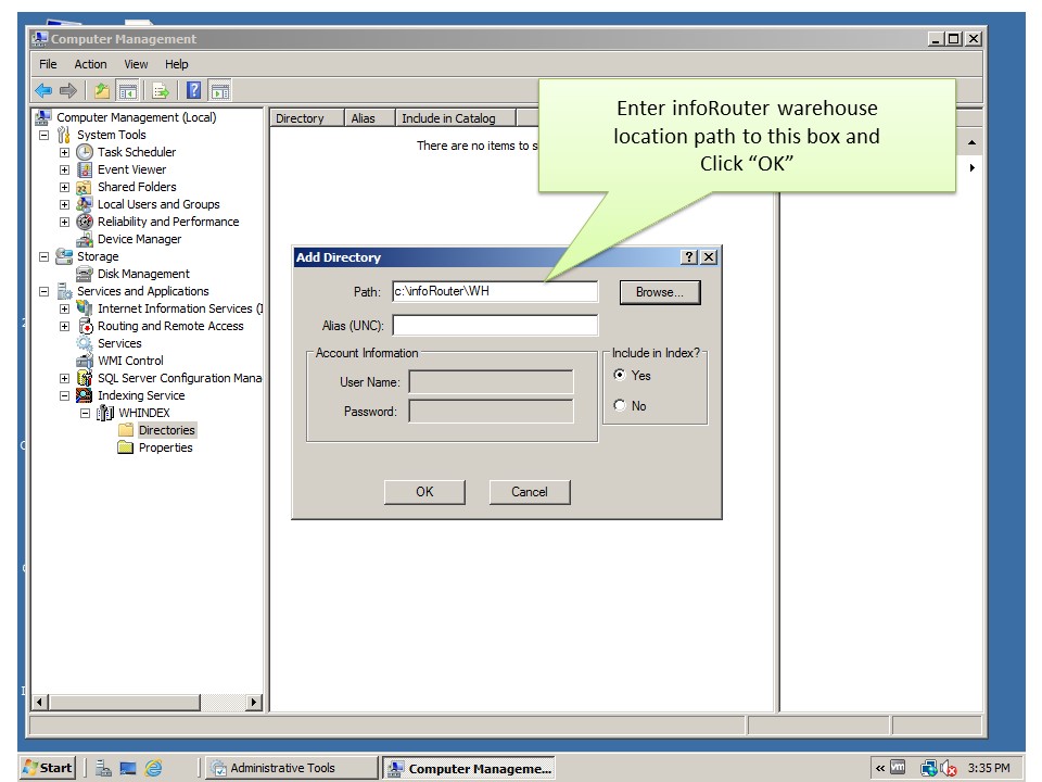 Creating index server catalog manually