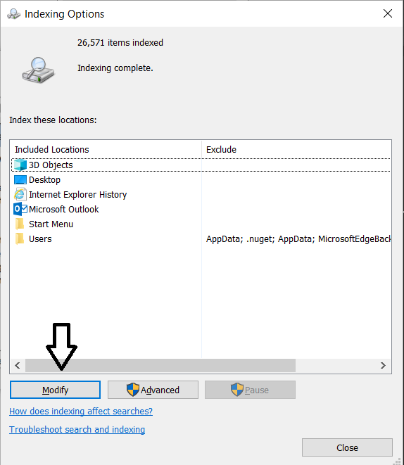 Modify Indexing Options