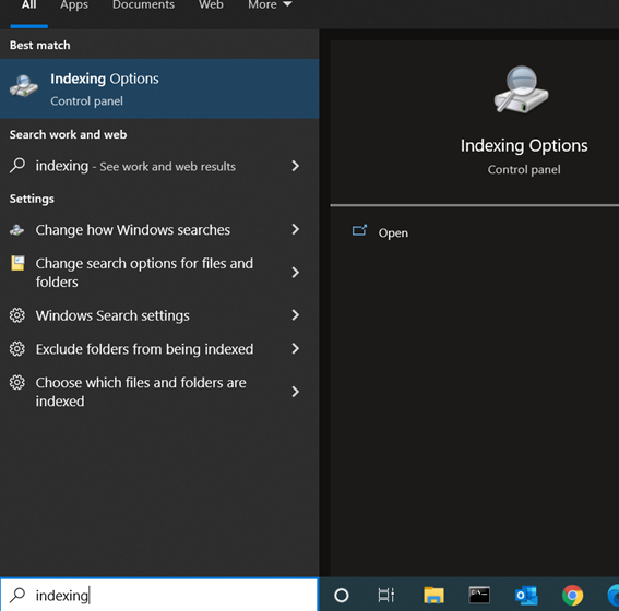 Opening Indexing Options