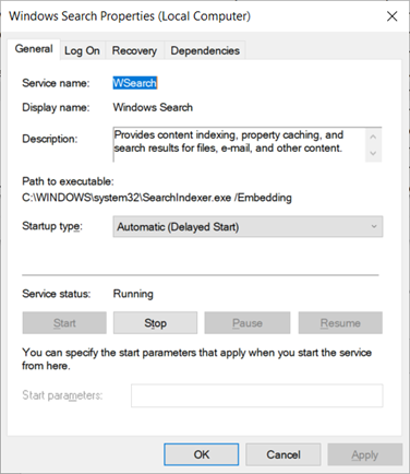 Windows Search Service properties